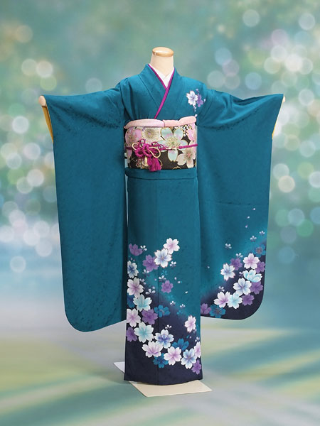 振袖19-068　緑/花柄