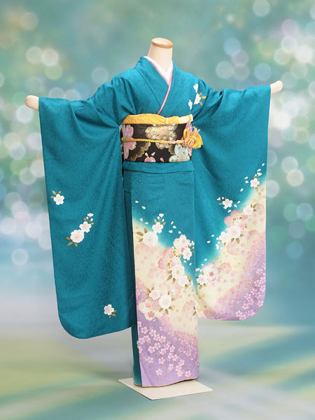振袖19-077　緑/花柄・桜