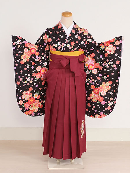 ジュニア袴女002　黒/桜|エンジ/桜・刺繍